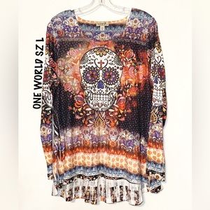 One World Studded Skull Colorful Top NWOT SZ L